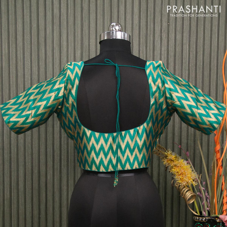 Readymade brocade blouse teal blue with allover ikat zari weaves and back knot - {{ collection.title }} by Prashanti Sarees