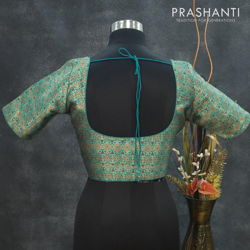 Readymade brocade blouse teal green with allover brocade weaves and back knot - {{ collection.title }} by Prashanti Sarees