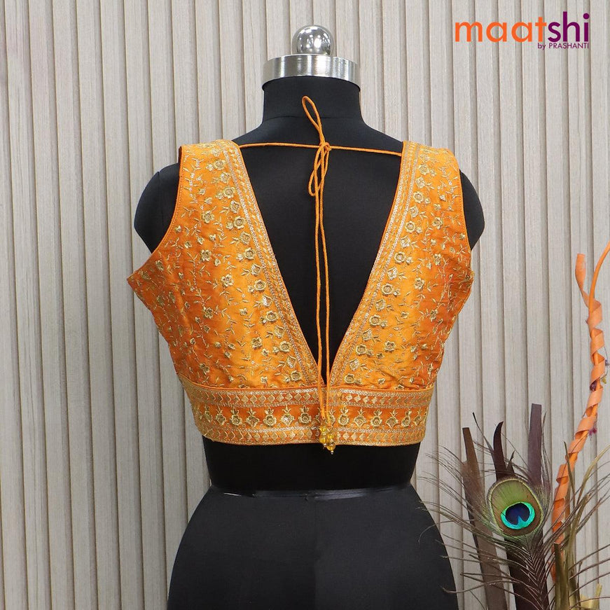 Readymade raw silk sleeveless blouse mango yellow with embroidery work & v shape neck pattern and back open - {{ collection.title }} by Prashanti Sarees