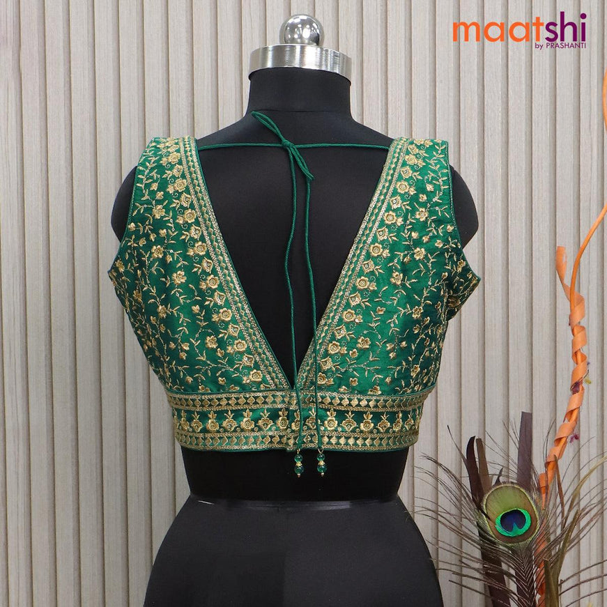 Readymade raw silk sleeveless blouse peacock green with embroidery work & v shape neck pattern and back open - {{ collection.title }} by Prashanti Sarees