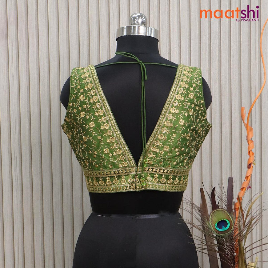 Readymade raw silk sleeveless blouse sap green with embroidery work & v shape neck pattern and back open - {{ collection.title }} by Prashanti Sarees