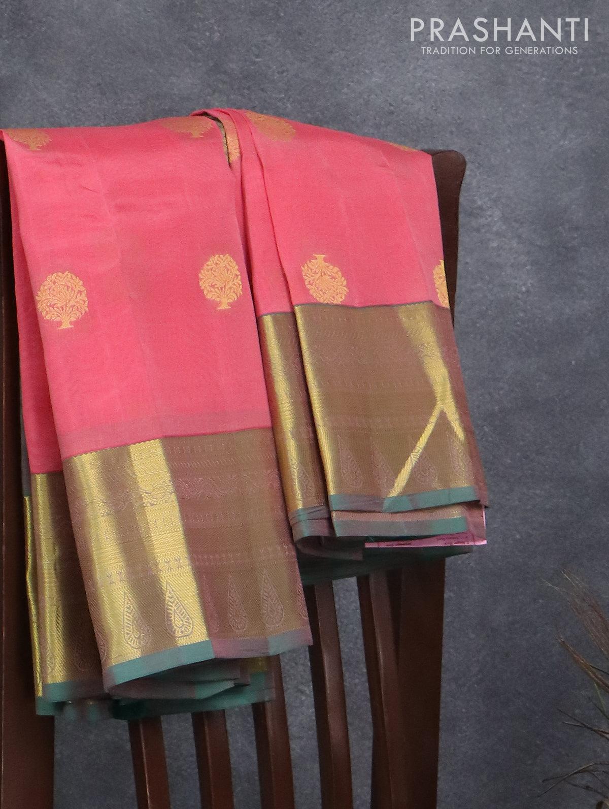 Silk cotton saree flourescent green and pink shade with plain body and – Prashanti  Sarees