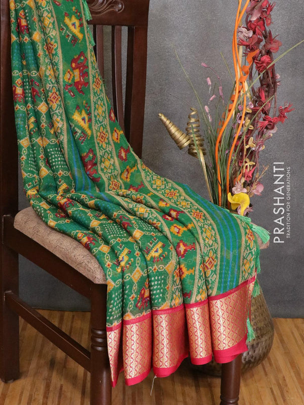 Semi chiffon saree green and dark pink with allover prints and zari woven border - LBZ1008 - {{ collection.title }} by Prashanti Sarees