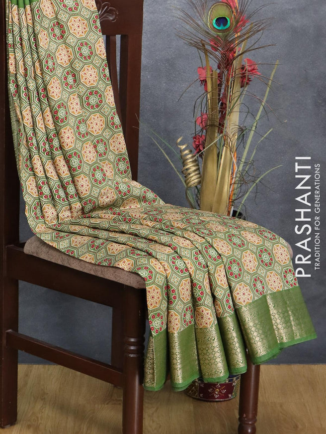 Semi gadwal saree green with allover ajrakh prints and zari woven border - {{ collection.title }} by Prashanti Sarees