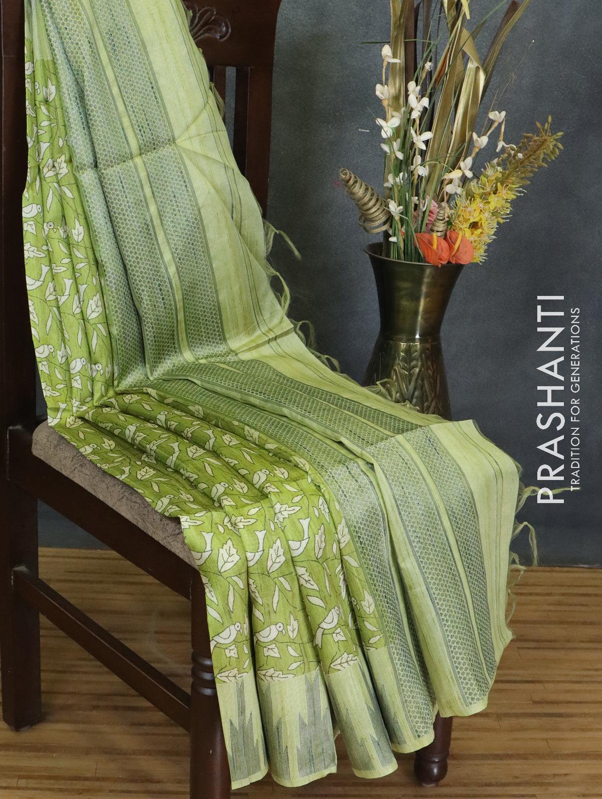 Semi Stiff Jute Silk Floral Digital Print Light Raama Green Saree