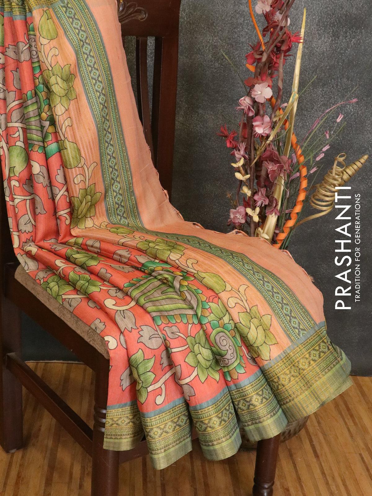 Semi linen silk saree pastel peach and maroon with allover floral prints  and zari woven border - ZQS8399 at 149000 by Prashanti – Prashanti Sarees