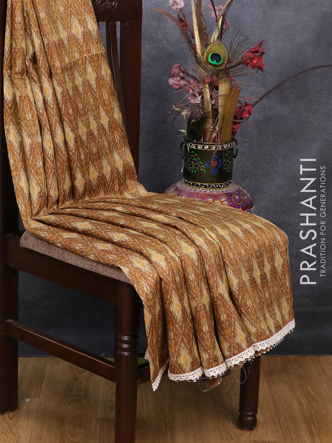 Semi matka saree dark mustard with allover ikat butta prints and crocia lace work border - {{ collection.title }} by Prashanti Sarees