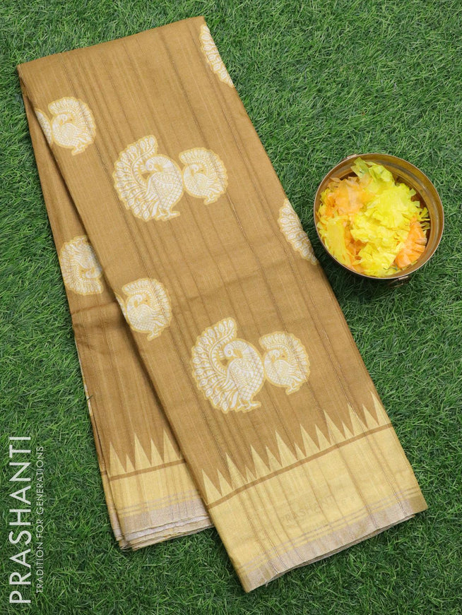 Semi matka silk saree dark mustard and yellow with peacock butta prints and small zari woven border - {{ collection.title }} by Prashanti Sarees