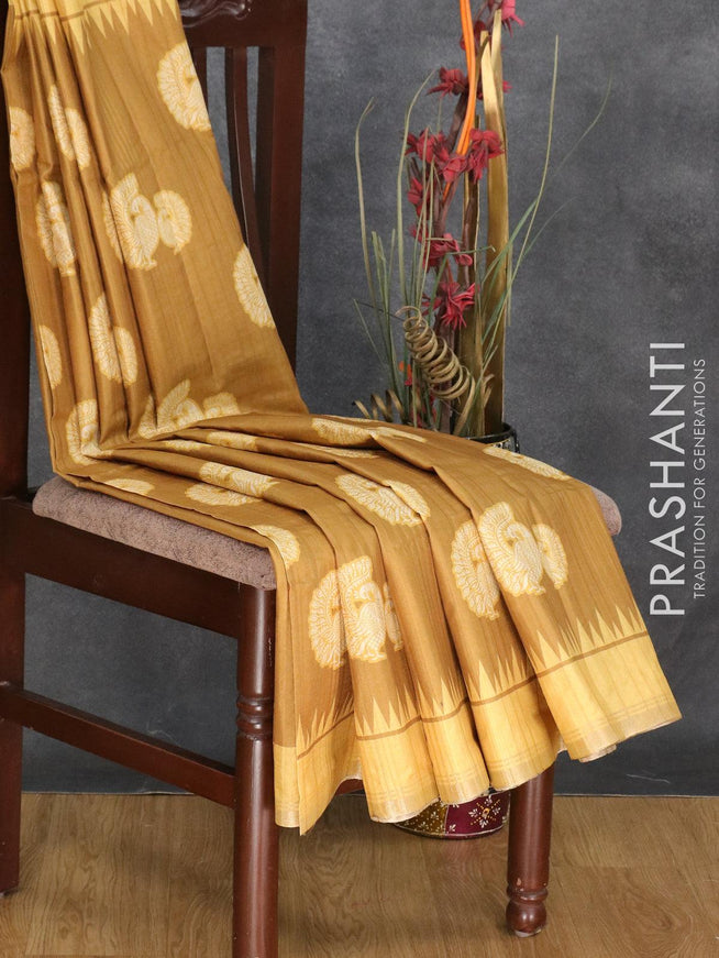 Semi matka silk saree dark mustard and yellow with peacock butta prints and small zari woven border - {{ collection.title }} by Prashanti Sarees