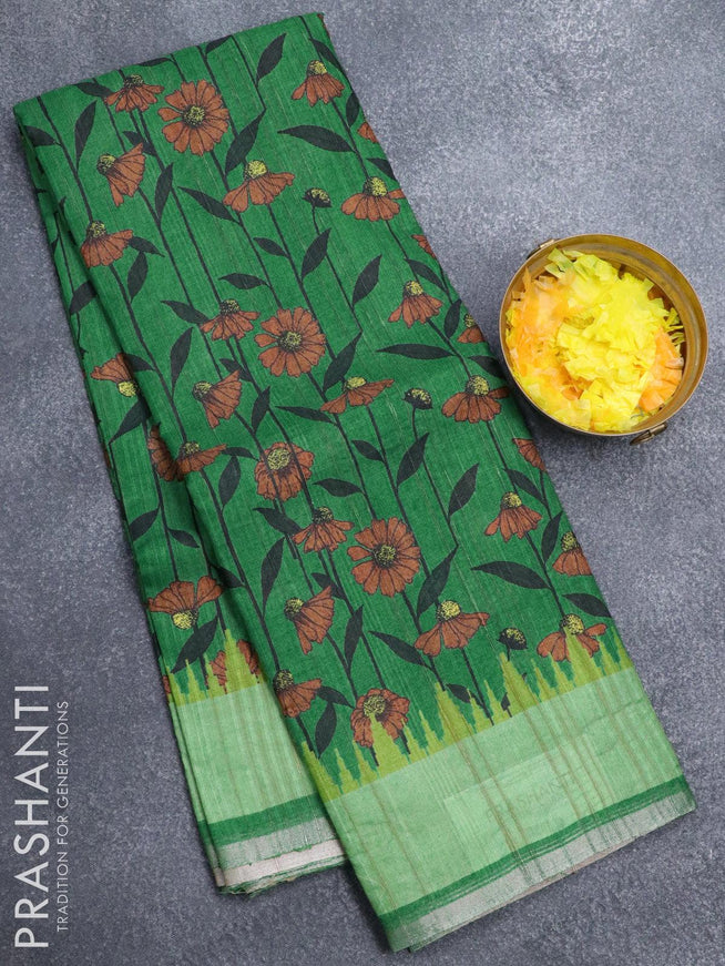 Semi matka silk saree green with allover floral prints and small zari woven border - {{ collection.title }} by Prashanti Sarees