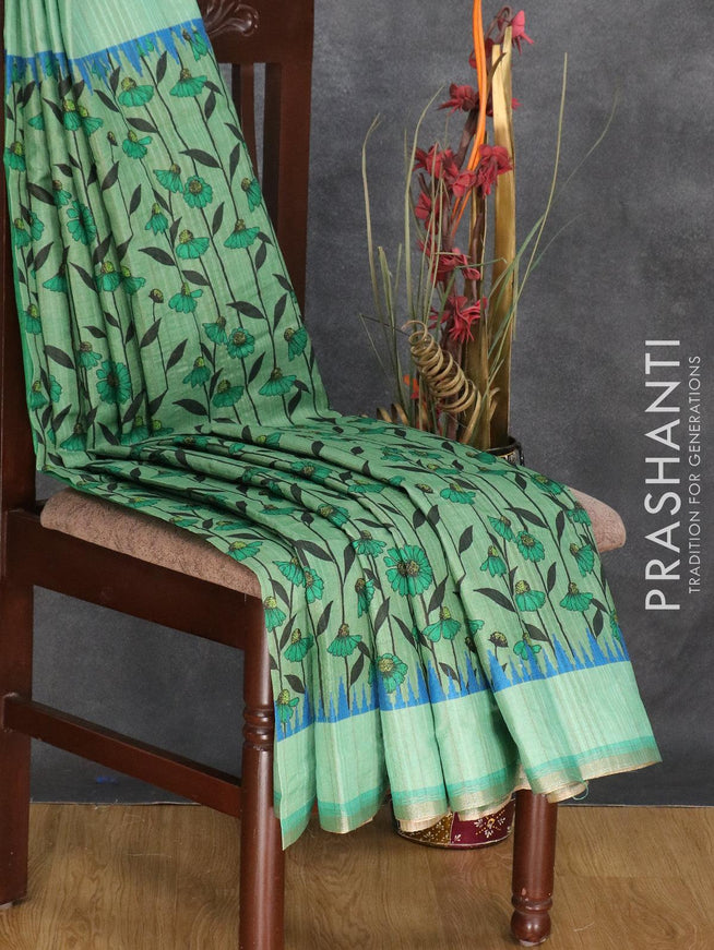 Semi matka silk saree green with allover floral prints and small zari woven border - {{ collection.title }} by Prashanti Sarees