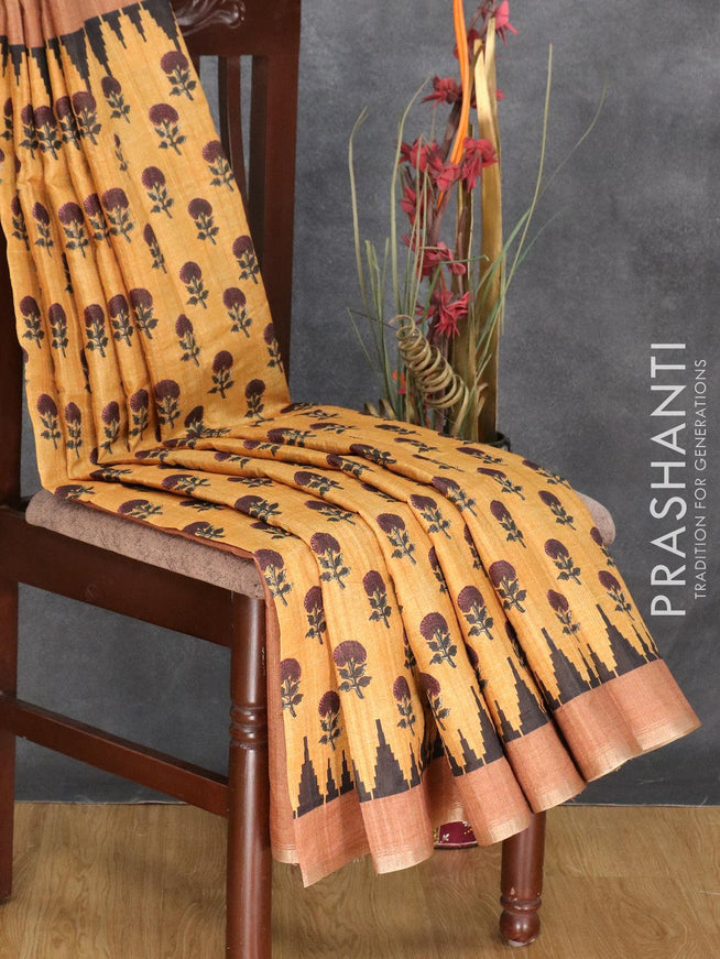 Semi matka silk saree mustard yellow and rust shade with allover floral butta prints and temple design small zari woven border - {{ collection.title }} by Prashanti Sarees