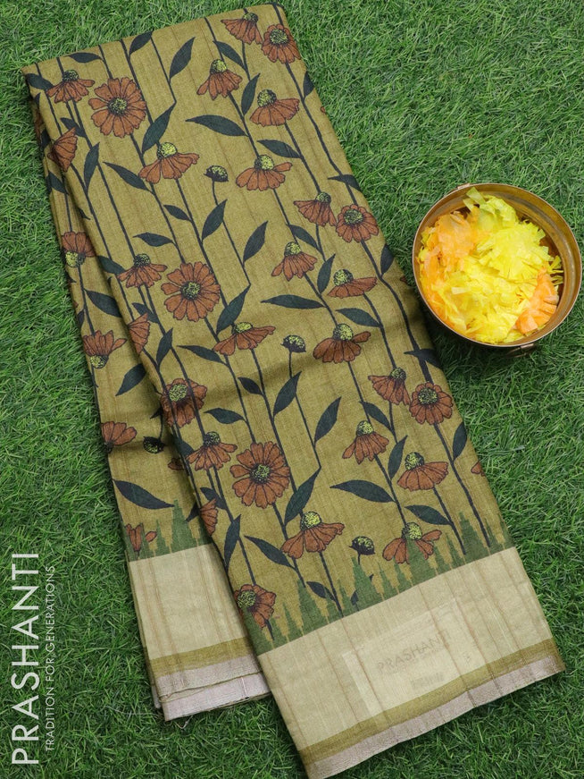 Semi matka silk saree olive green with allover floral prints and small zari woven border - {{ collection.title }} by Prashanti Sarees