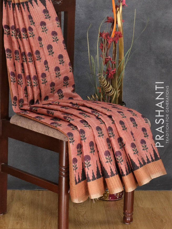 Semi matka silk saree pastel brown and rust shade with allover floral butta prints and temple design small zari woven border - {{ collection.title }} by Prashanti Sarees