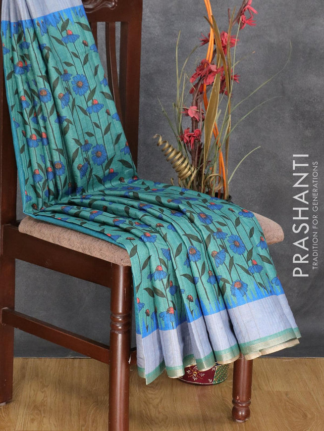 Semi matka silk saree peacock blue with allover floral prints and small zari woven border - {{ collection.title }} by Prashanti Sarees