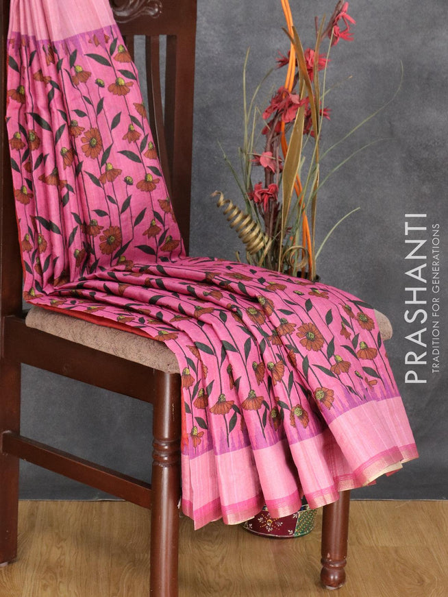 Semi matka silk saree pink with allover floral prints and small zari woven border - {{ collection.title }} by Prashanti Sarees