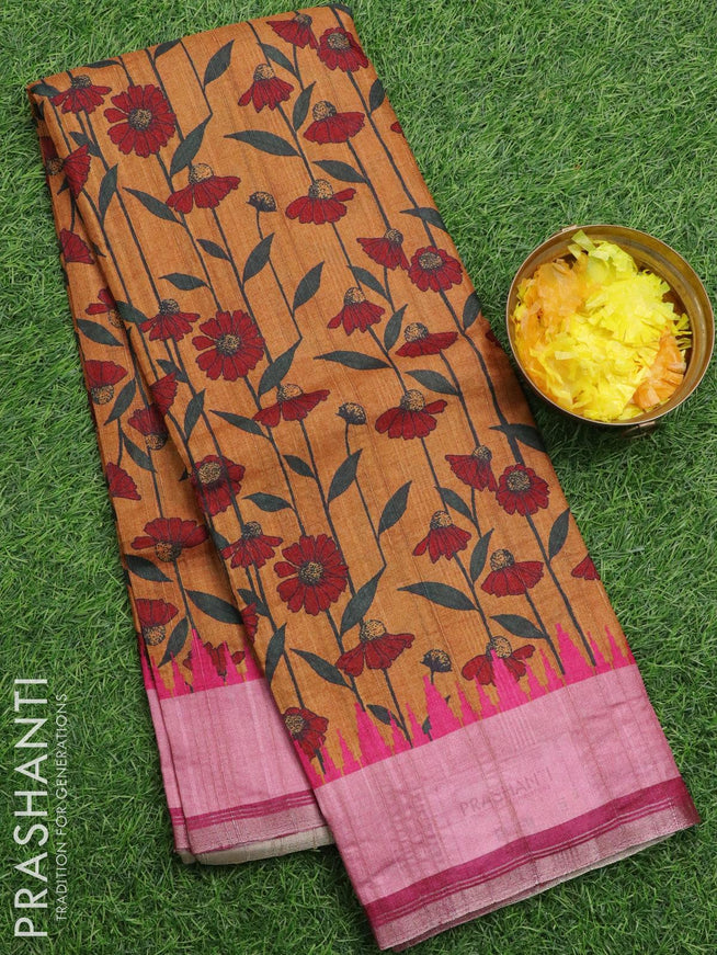 Semi matka silk saree rust shade with allover floral prints and small zari woven border - {{ collection.title }} by Prashanti Sarees