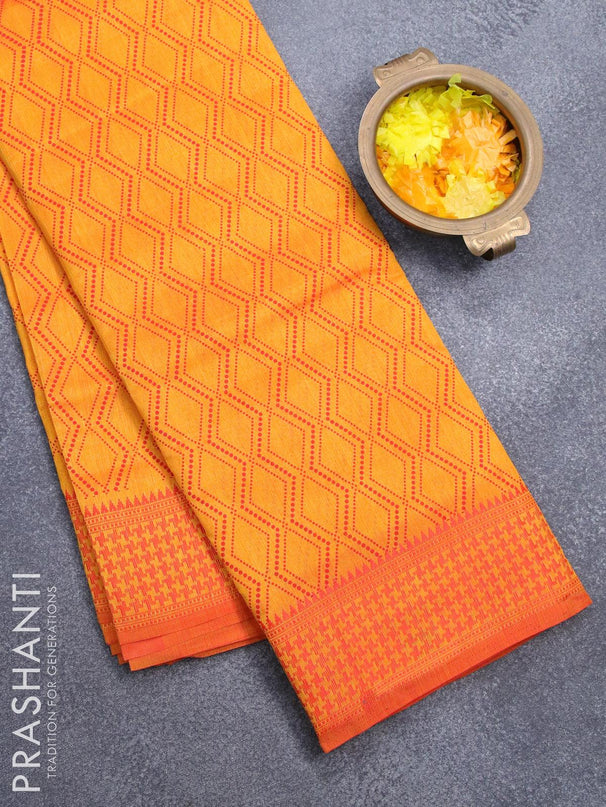 Semi raw silk saree dual shade of yellowish red and red with allover prints and woven border - {{ collection.title }} by Prashanti Sarees