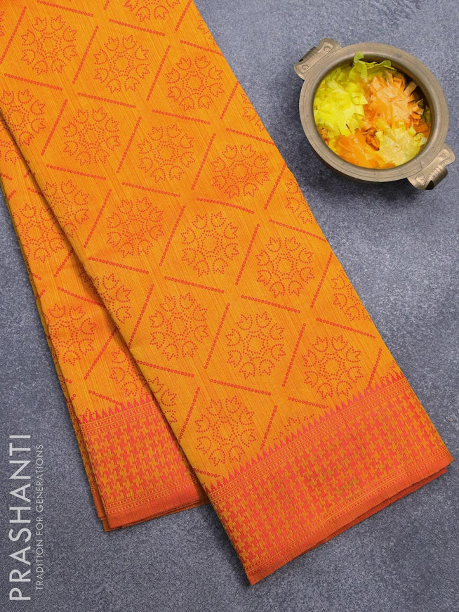 Semi raw silk saree dual shade of yellowish red and red with allover prints and woven border - {{ collection.title }} by Prashanti Sarees