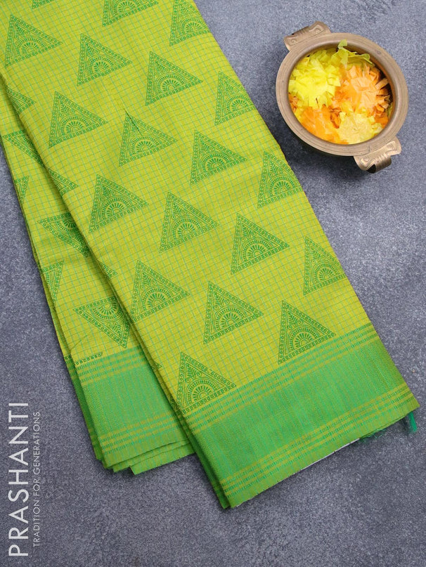 Semi raw silk saree lime green with geometric butta prints and woven border - {{ collection.title }} by Prashanti Sarees