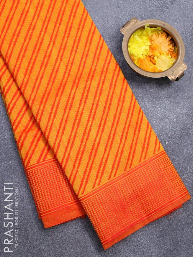 Semi raw silk saree mango yellow and red shade with allover stripe prints and woven border - {{ collection.title }} by Prashanti Sarees