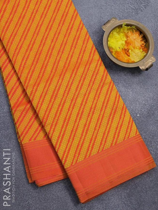 Semi raw silk saree mango yellow and red with allover self emboss stripe prints and woven border - {{ collection.title }} by Prashanti Sarees