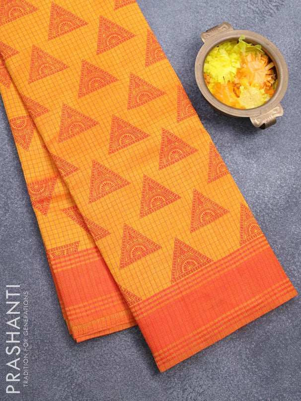 Semi raw silk saree mango yellow and red with geometric butta prints and woven border - {{ collection.title }} by Prashanti Sarees