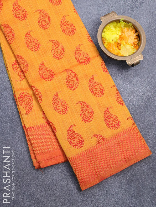 Semi raw silk saree mango yellow and red with paisley butta prints and woven border - {{ collection.title }} by Prashanti Sarees