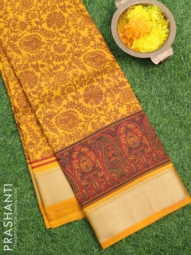 Semi raw silk saree mango yellow with allover prints and zari woven border - {{ collection.title }} by Prashanti Sarees