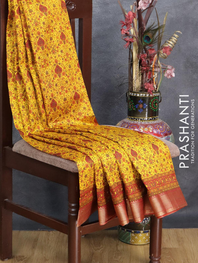 Semi raw silk saree yellow and maroon with allover prints and zari woven border - {{ collection.title }} by Prashanti Sarees