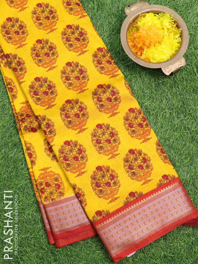 Semi raw silk saree yellow and red with allover floral butta prints and zari woven border - {{ collection.title }} by Prashanti Sarees