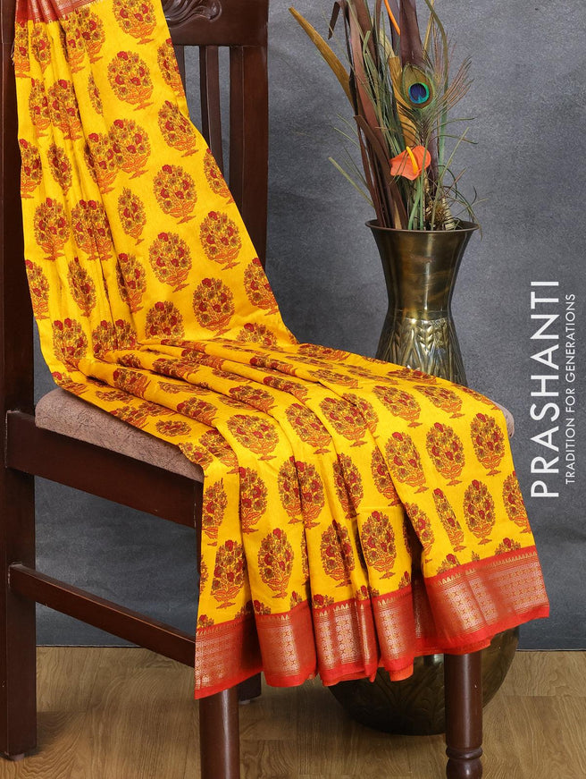 Semi raw silk saree yellow and red with allover floral butta prints and zari woven border - {{ collection.title }} by Prashanti Sarees