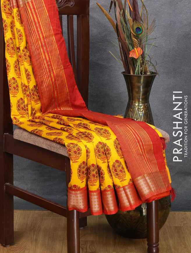 Semi raw silk saree yellow and red with allover floral butta prints and zari woven border - {{ collection.title }} by Prashanti Sarees