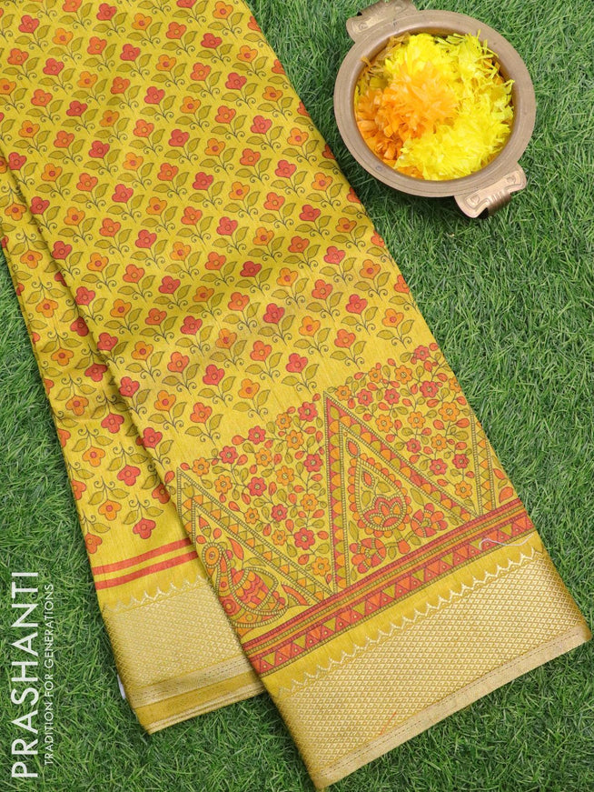 Semi raw silk saree yellow shade with allover floral prints and zari woven border - {{ collection.title }} by Prashanti Sarees