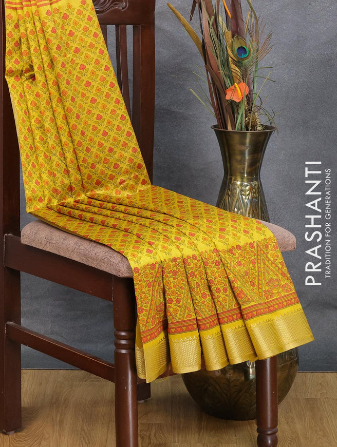 Semi raw silk saree yellow shade with allover floral prints and zari woven border - {{ collection.title }} by Prashanti Sarees