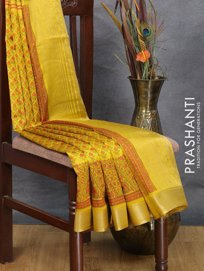 Semi raw silk saree yellow shade with allover floral prints and zari woven border - {{ collection.title }} by Prashanti Sarees