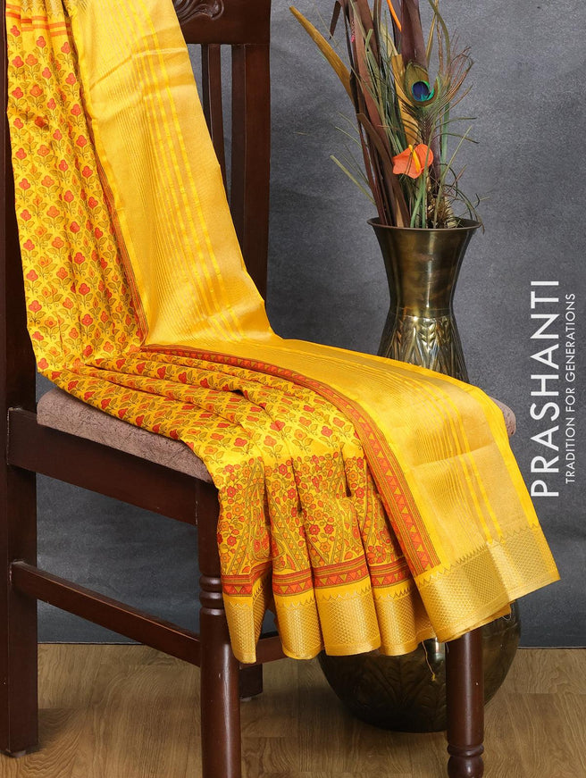 Semi raw silk saree yellow with allover floral prints and zari woven border - {{ collection.title }} by Prashanti Sarees