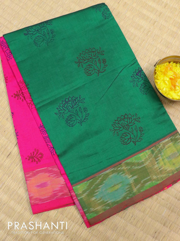 Semi silk cotton saree dark green and pink with floral butta prints and ikat woven zari border - {{ collection.title }} by Prashanti Sarees