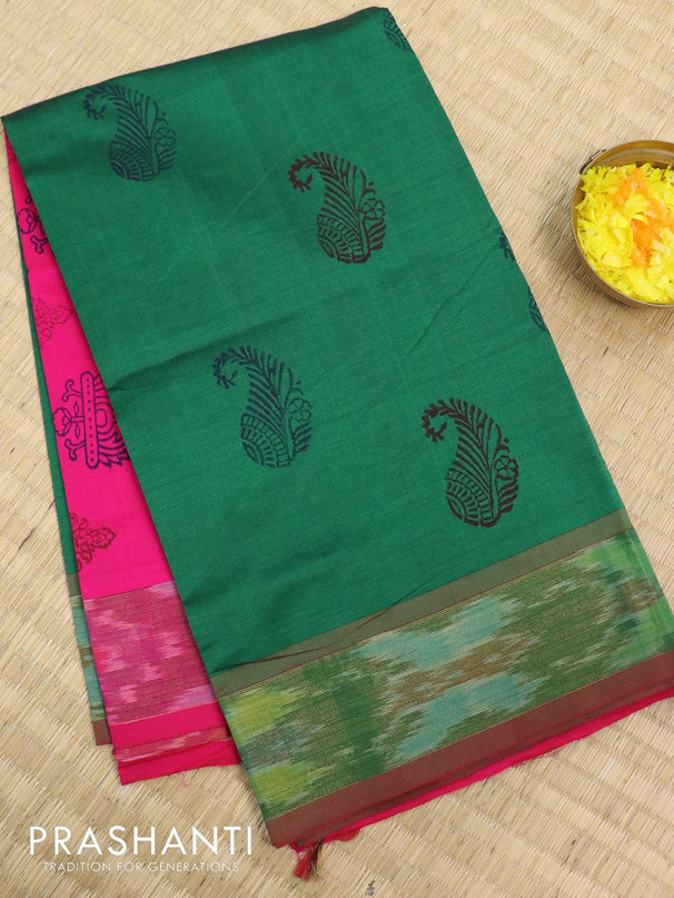 Semi silk cotton saree green and pink with butta prints and ikat woven zari border - {{ collection.title }} by Prashanti Sarees