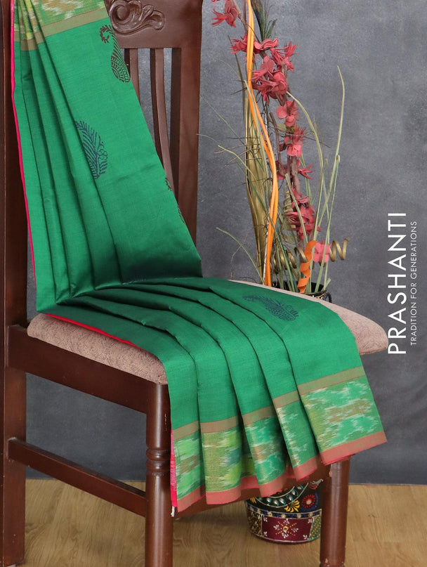 Semi silk cotton saree green and pink with butta prints and ikat woven zari border - {{ collection.title }} by Prashanti Sarees