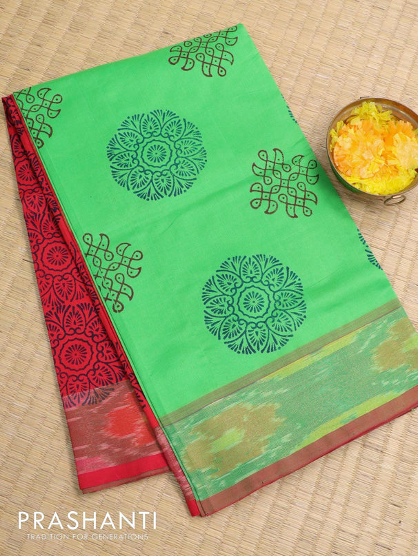 Semi silk cotton saree green and red with butta prints and ikat woven zari border - {{ collection.title }} by Prashanti Sarees