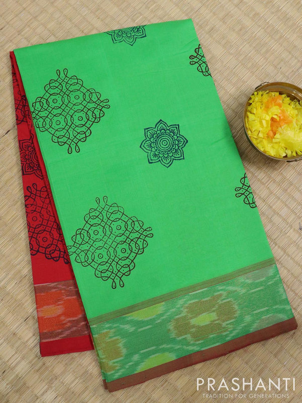 Semi silk cotton saree light green and red with butta prints and ikat zari woven border - {{ collection.title }} by Prashanti Sarees