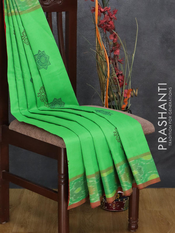 Semi silk cotton saree light green and red with butta prints and ikat zari woven border - {{ collection.title }} by Prashanti Sarees