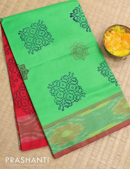 Semi silk cotton saree red and light green with butta prints and zari woven border - {{ collection.title }} by Prashanti Sarees