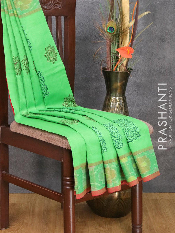 Semi silk cotton saree red and light green with butta prints and zari woven border - {{ collection.title }} by Prashanti Sarees