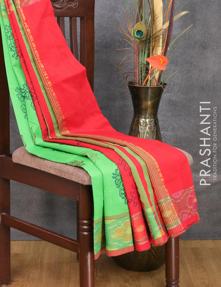 Semi silk cotton saree red and light green with butta prints and zari woven border - {{ collection.title }} by Prashanti Sarees