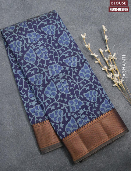 Semi tussar saree blue shade with allover prints and zari woven border - {{ collection.title }} by Prashanti Sarees