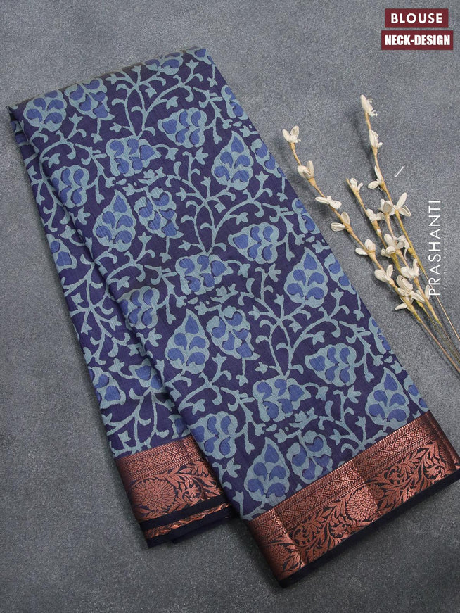 Semi tussar saree blue with allover prints and copper zari woven border - {{ collection.title }} by Prashanti Sarees