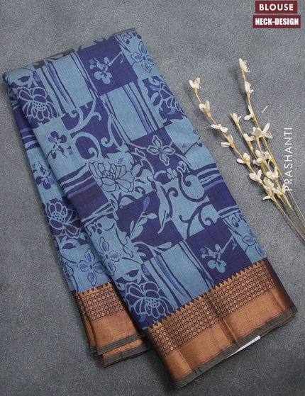 Semi tussar saree blue with allover prints and zari woven border - {{ collection.title }} by Prashanti Sarees