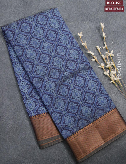 Semi tussar saree blue with allover prints and zari woven border - {{ collection.title }} by Prashanti Sarees